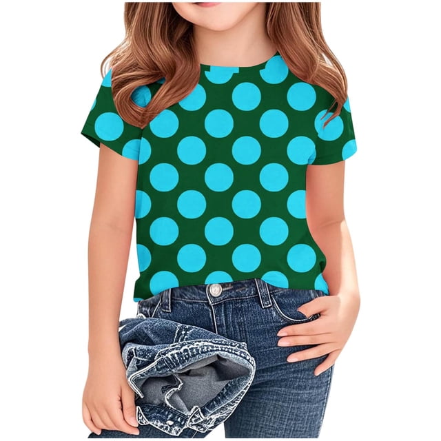 Zpanxa T-Shirts pour Tout-Petites Fille à Pois Col Rond Manches Courtes Haut Décontracté Polyester Spandex 9-10 Ans
