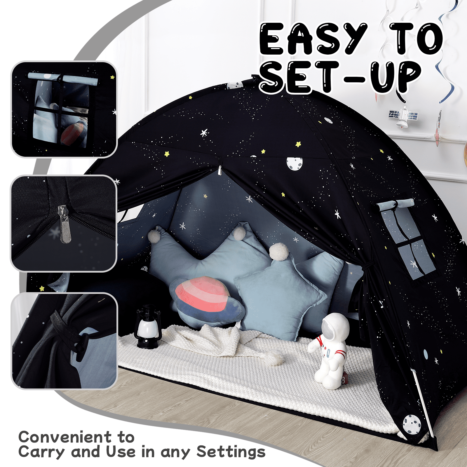 SweHouse Toddler Bed Canopy Lights Sleeping Playhouse Tent, Portable Indoor Privacy Play Space. Foldable Drafty Room Tent for Boys & Girls, Kids Birthday Gifts Golden Beige Large Size. (Black)