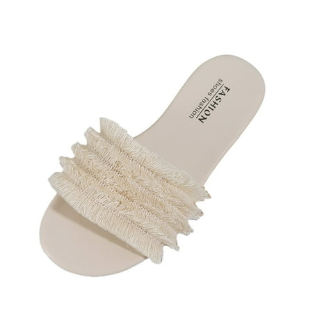 

adviicd Womens Flip Flops Girls Sandals Ladies Fashion Solid Color Bright Leather Flower Rhinestone Cover Toe Straw Woven Flat Bottom Beach Sandals Beige 7.5