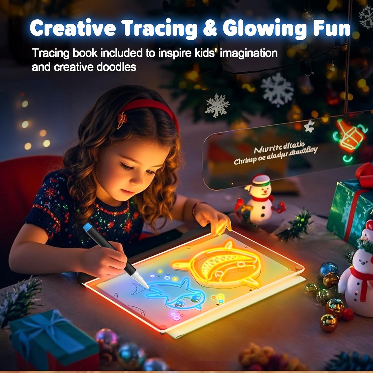 Rechargable "13.7"X10" LED Light-Up Dry Erase Board with 9-Color Neon Doodle Glow Drawing, Touch Control & Stand - Night Light up for Kids Room/Office/Gift, Includes 5 Markers (Black)