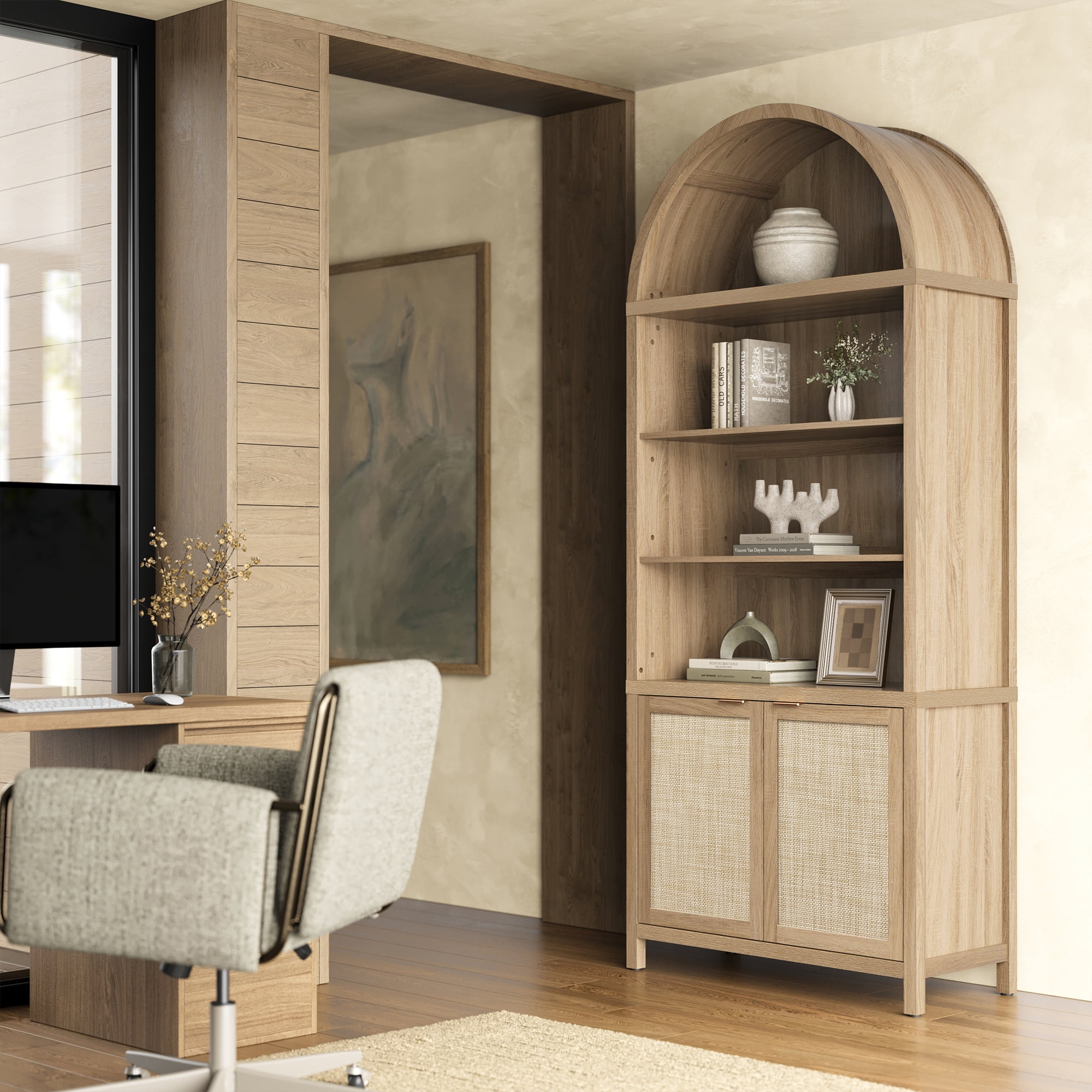 SICOTAS 84.2" Tall Rattan Pantry Cabinet with Adjustable Shelves - Large Farmhouse Kitchen Storage Organizer, Boho Dining Room Cabinet, Freestanding Arched Food Pantry with Doors ,Reclaimed Light Oak