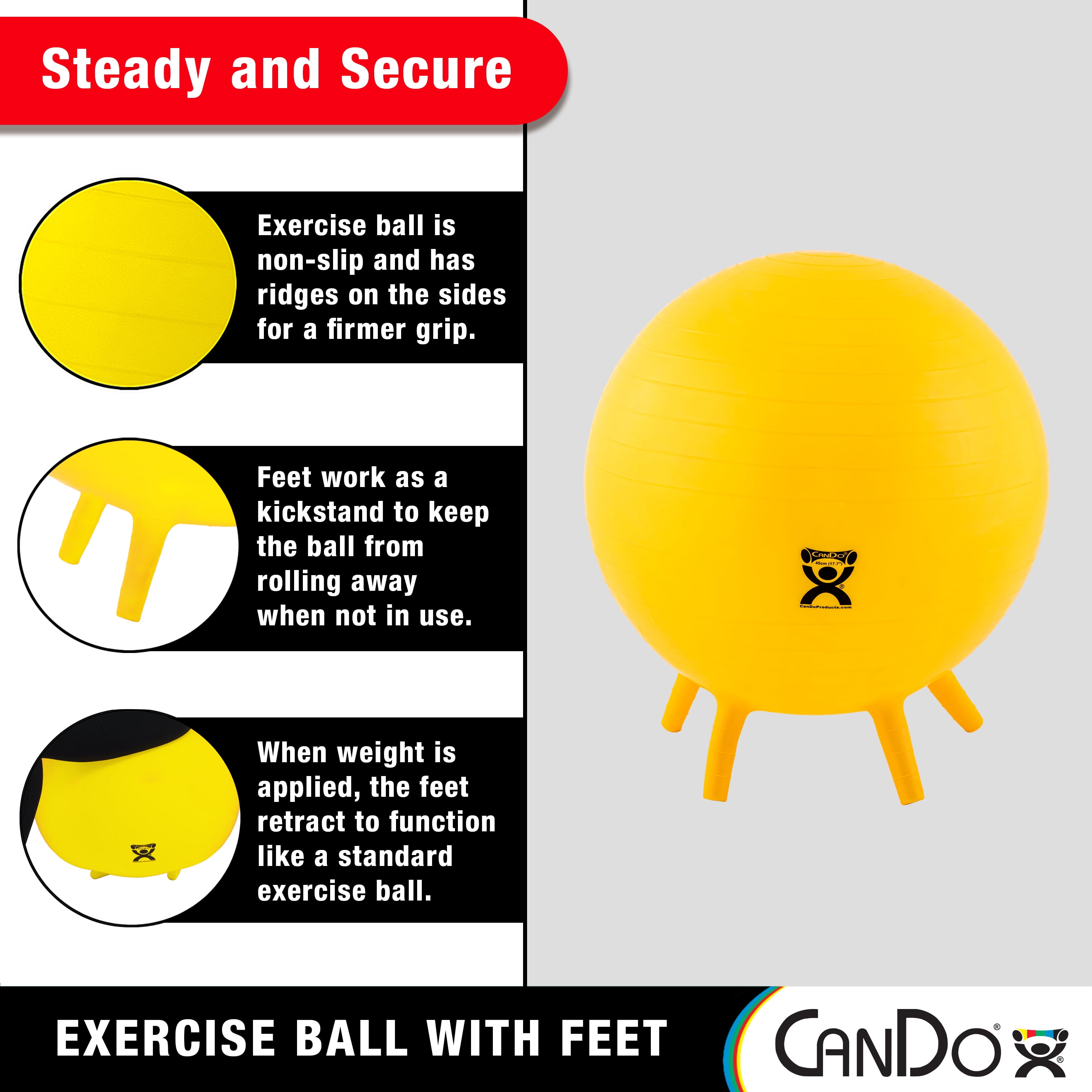 CanDo 30-1892 Non-Slip Inflatable Exercise Ball with Stability Feet for Exercise, Workout, Core Training, Yoga, Pilates, Active Sitting in Gym, Office, Home or Classroom. Orange 22"