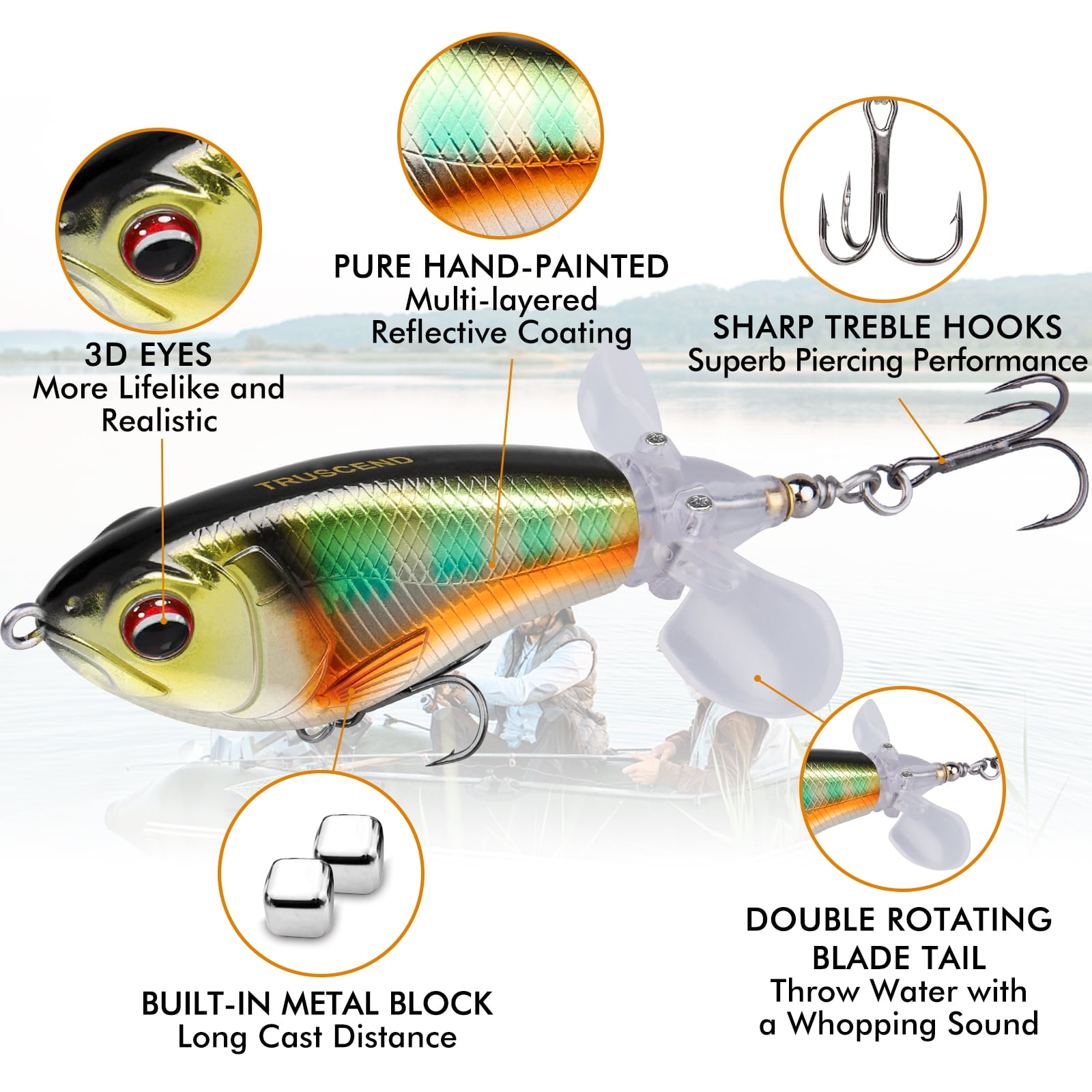 TRUSCEND Popobait Fishing Lures with BKK Hooks, Easy Catch: Instant Startup, Longer Cast, Balanced Spray/Sound/Swim, Topwater Plopper Bait for Bass, Walleye, Catfish, Pike, Great for Family Fishing