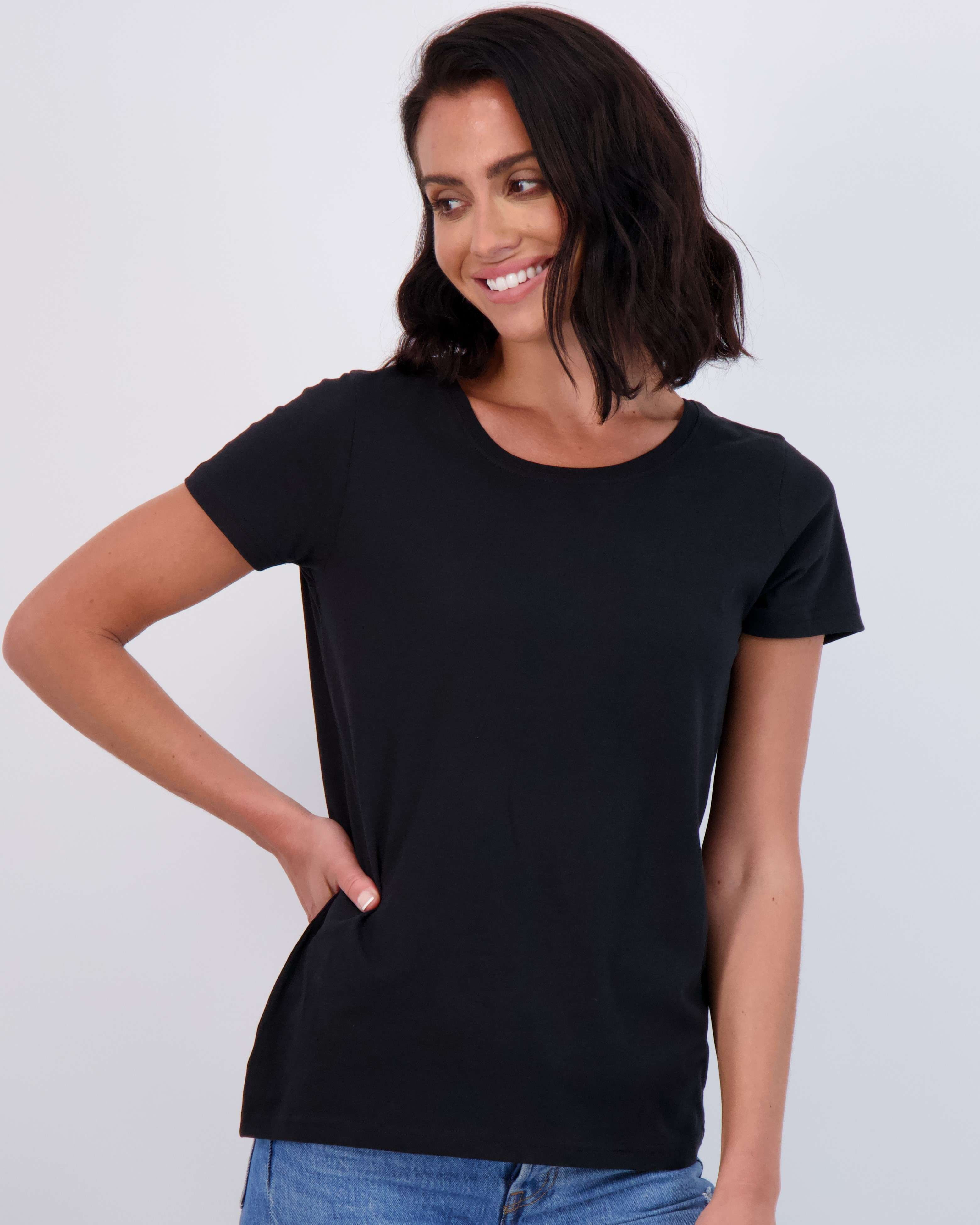 Real Essentials 4 Pack: Women's Classic-Fit Cotton Short-Sleeve Scoop Crew Neck T-Shirt (Available in Plus Size)