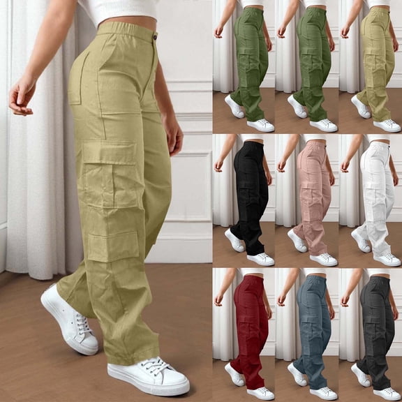 DDAPJ pyju High Waisted Cargo Pants for Women Baggy Y2k Straight Wide Leg Pants with Pockets Vintage Streetwear Khaki S