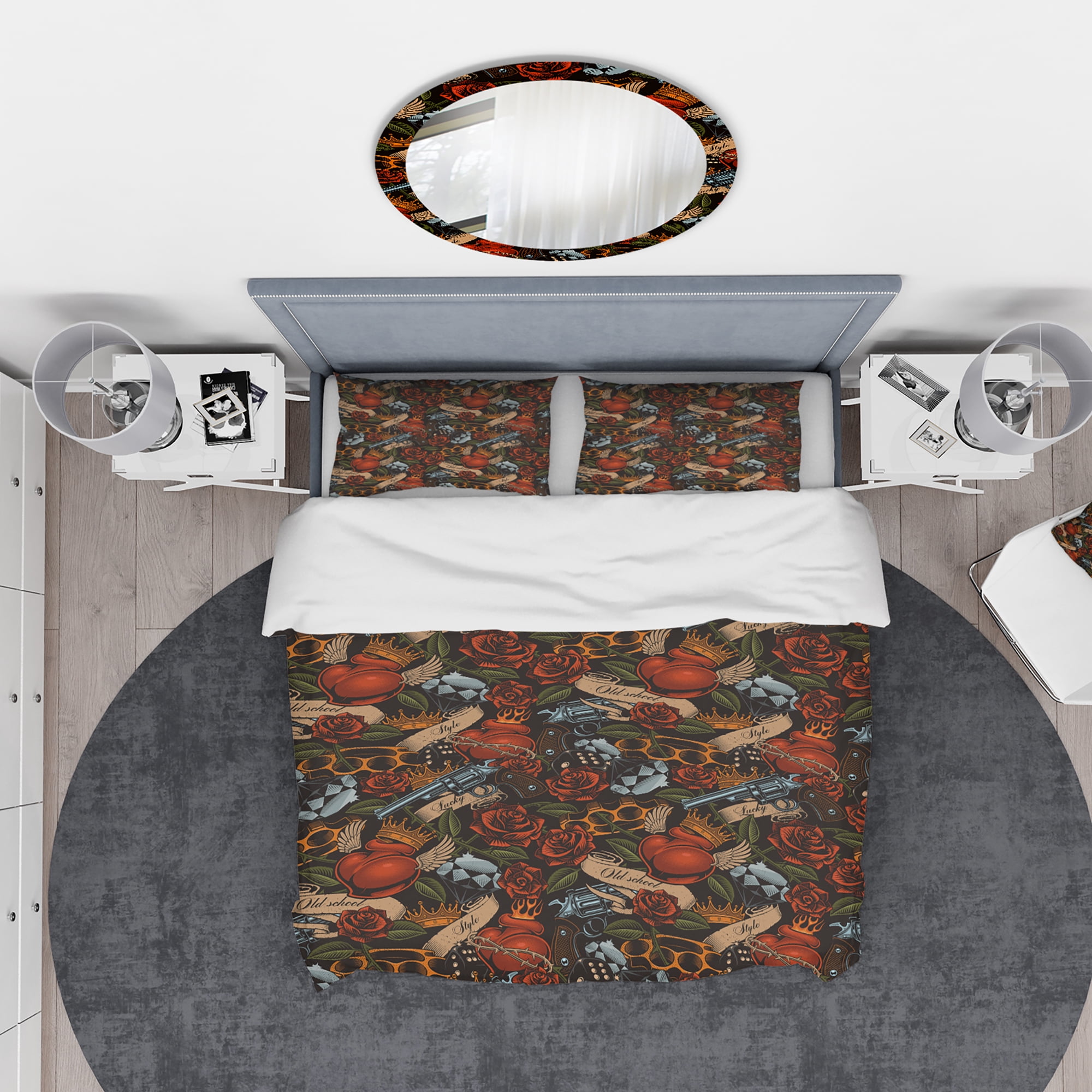 Designart 'Old school tattoo pattern' Floral Duvet Cover Set
