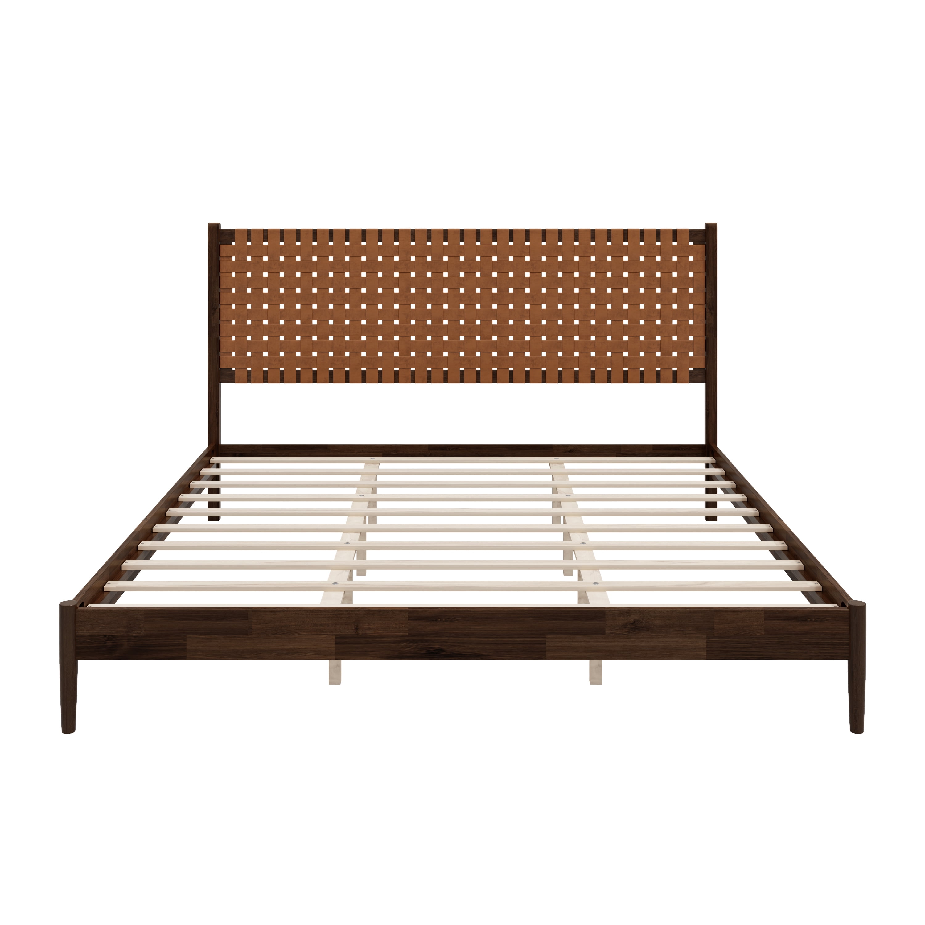 Euroco Solid Acacia Wood King Size Platform Bed, Mid-Century Modern Style Bed with Hand-Woven Vegan Leather Headboard, No Box Spring Needed, Dark Brown