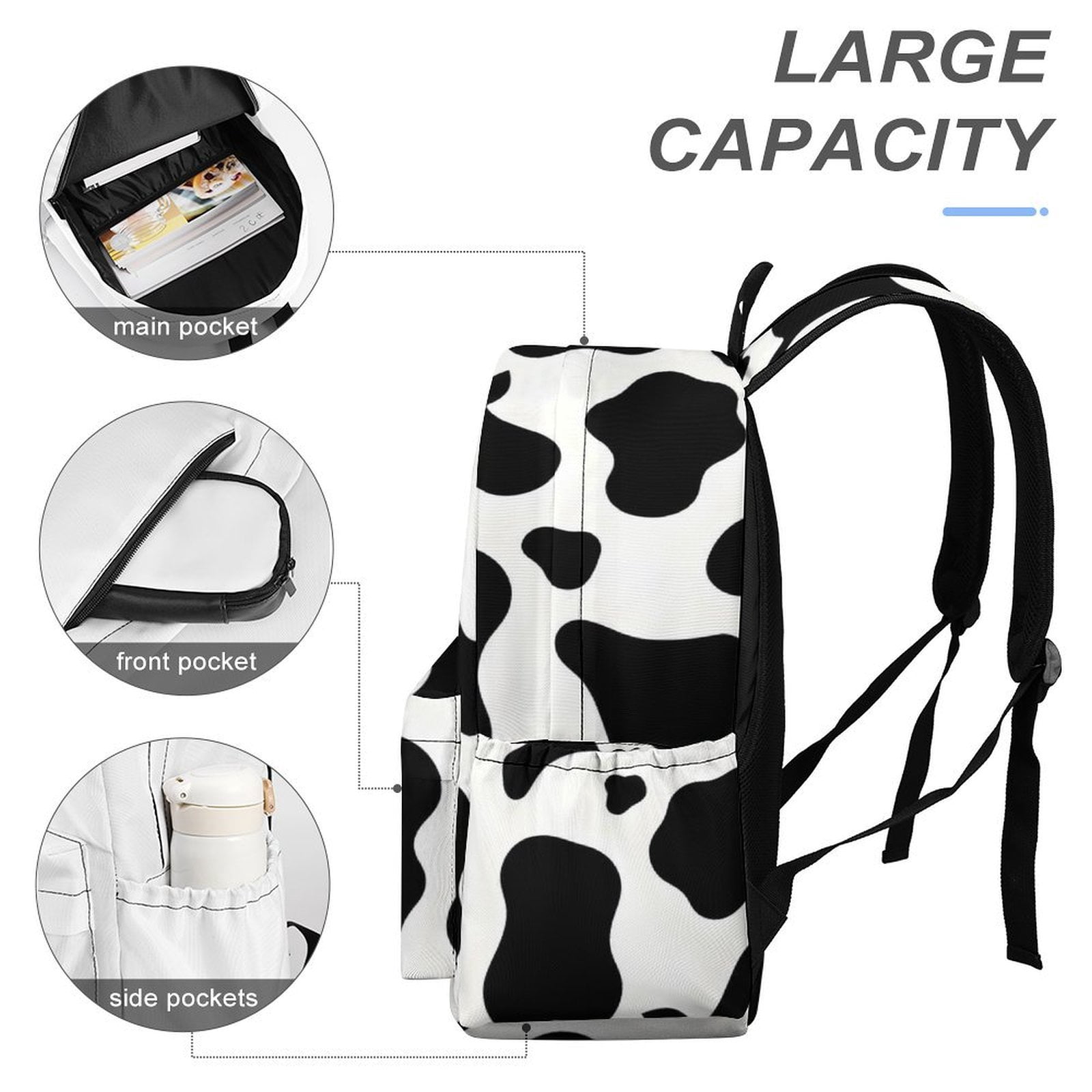 Large Capacity Half Print Backpack 11.8×16.5×5.9in Multifunctional Zipper Design Convenient Switch Simple Cow Print Pattern, Vector Art Style_4