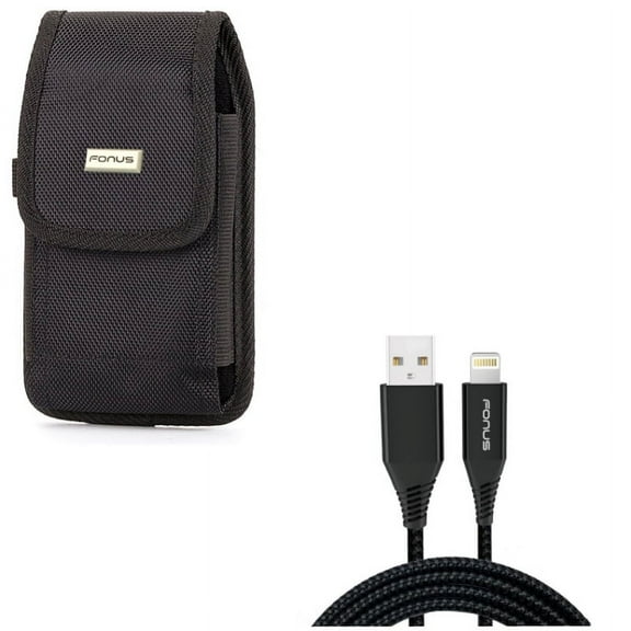 10ft USB Cable w Case Belt Clip for iPhone 8/7/6S/6 - Charger Cord Power Wire Braided Long, Swivel Holster Rugged Cover Pouch for iPhone 8/7/6S/6 Models