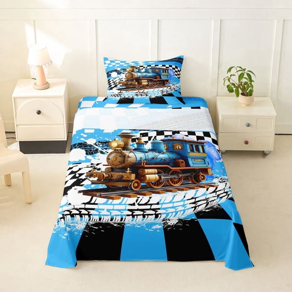 Castle Fairy Cool Steam Train Twin Sheet Sets 3pcs for Boys, Retro Locomotive Graphic Bedding for Modern Room, Blue