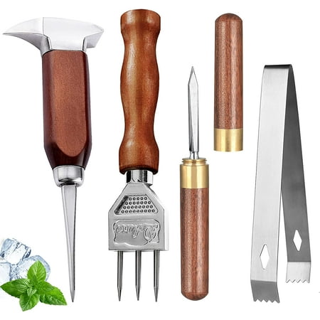 

Ice Pick Set of 4 Stainless Steel Ice Chipper with Wood Handle Japanese Style Ice Crusher Ice Tong Ideal for Bars Bartender Carving Tool