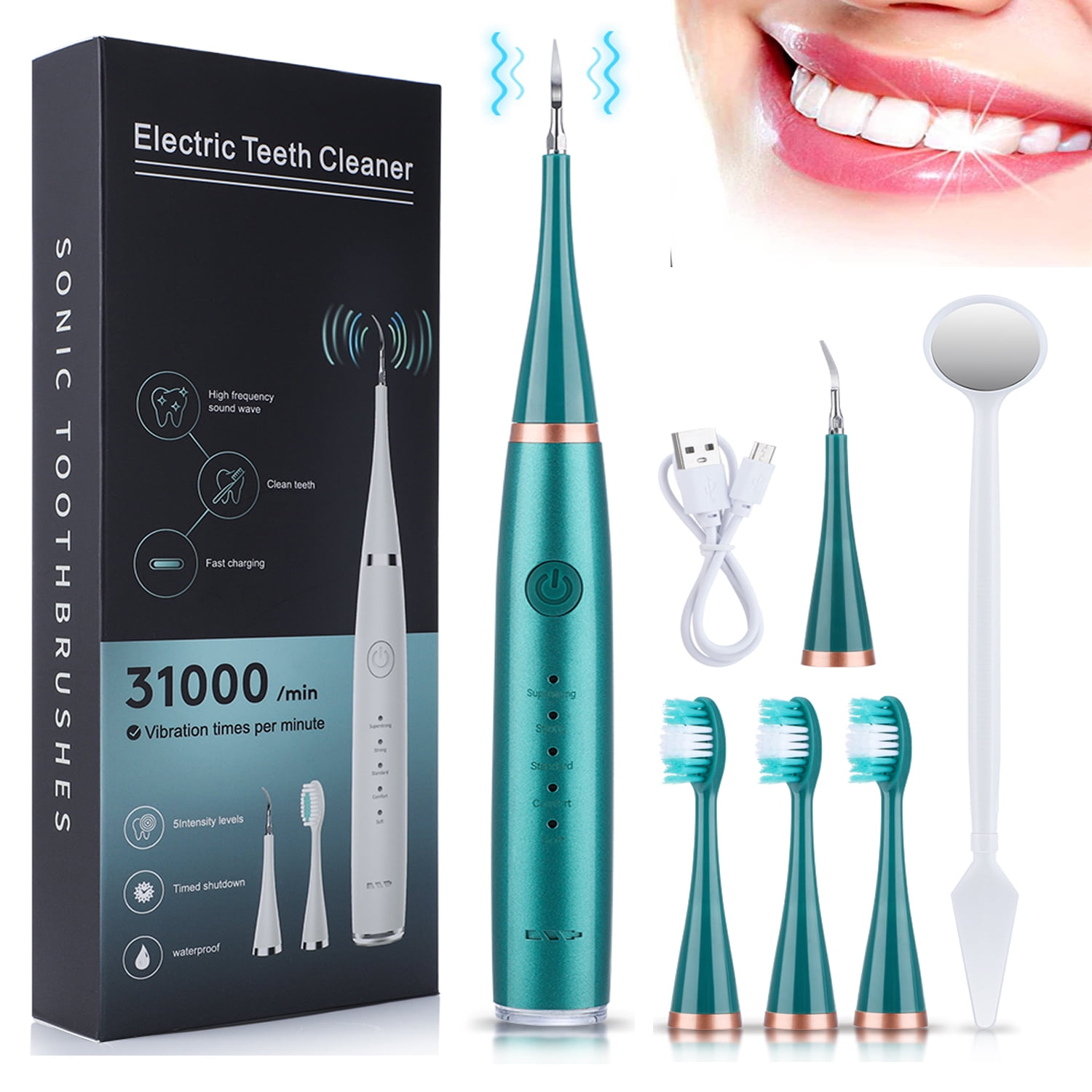 Sonic Electric Toothbrush Cleaning Kit Tooth Cleaner Artifact Flosser Cleaning Brush Head Dental Calculus Remover with 3 Replacement Brush Heads & Mouth Mirror (Green)