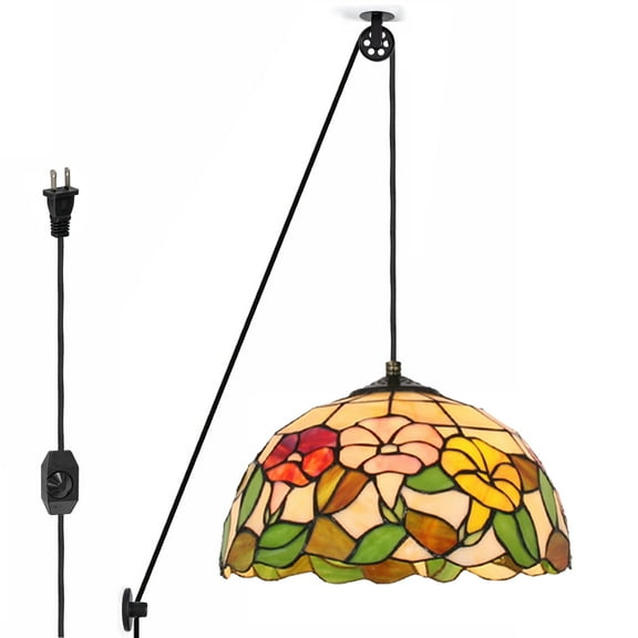 Kiven Plug in Classic Pendant Light, Pulley Hanging Light with Glass Lampshade and 15FT Cord, Retro Dimmable Ceiling Pendant Light for Bedroom Foyer Hallway Kitchen Island, E26 Socket