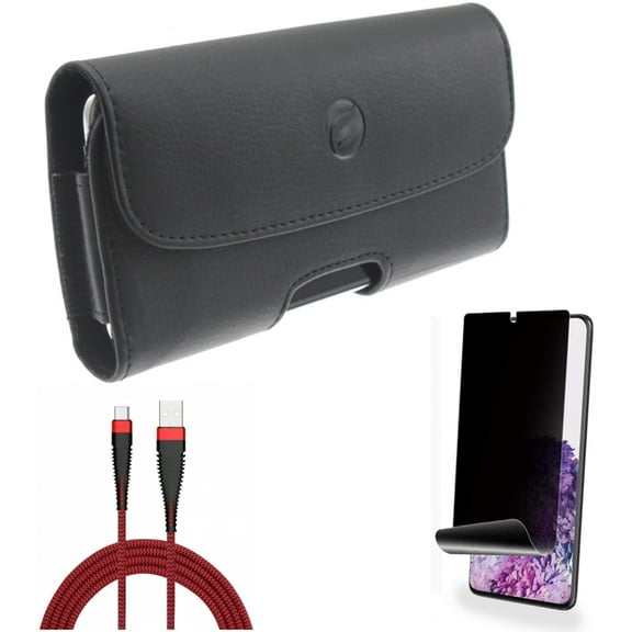Privacy Screen Protector w Case Belt Clip w 10ft USB Cable for Samsung Galaxy S20 Plus - TPU Film [NOT GLASS] [Fingerprint Works], Leather Holster Cover, Type-C Charger Cord fits Galaxy S20 Plus