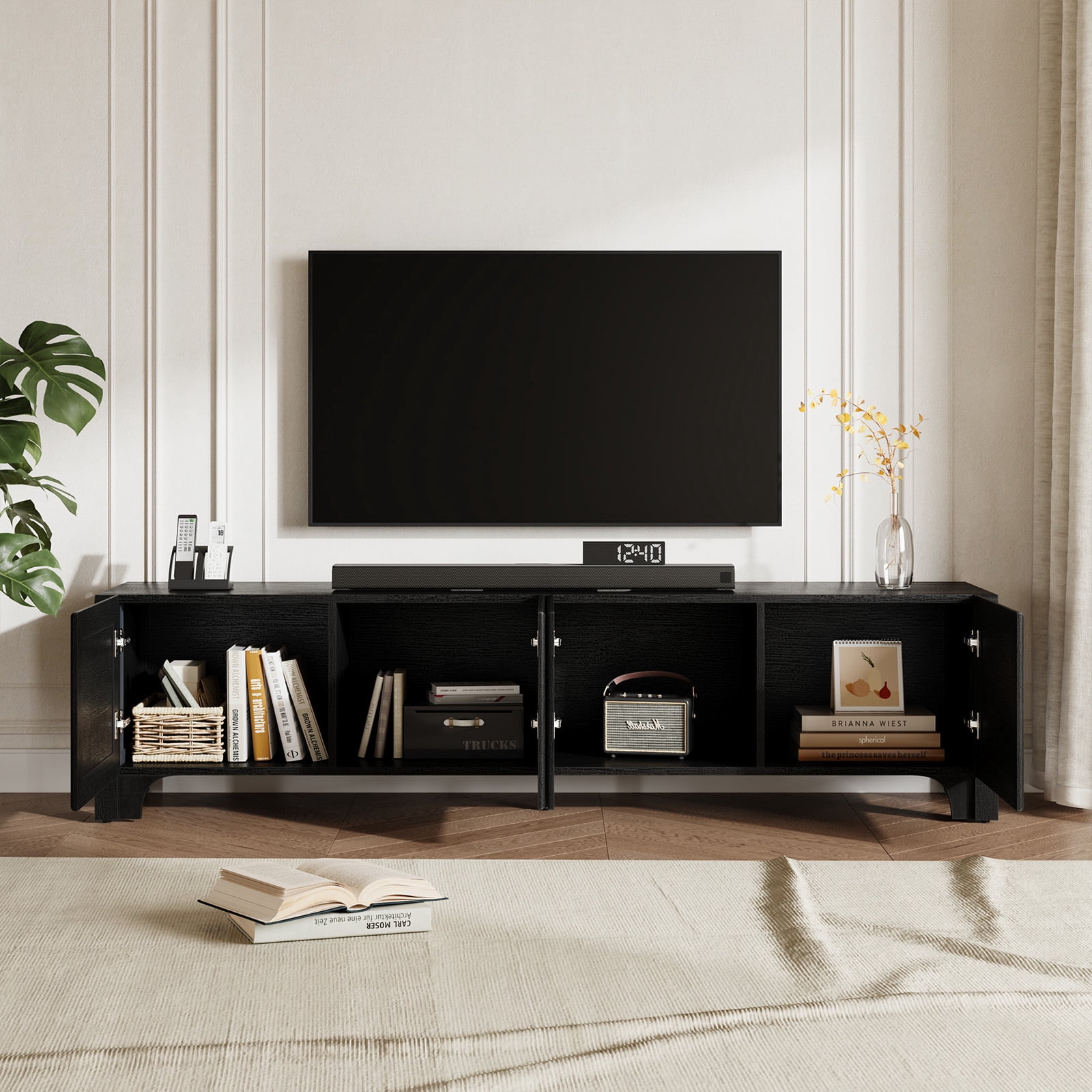 Furnibear 70" Modern TV Stands for 65 70 Inches TV, Media Console, Leather-Wrapped Door Panels TV Entertainment Center with Cabinet Storage for Bedroom Living Room,Black