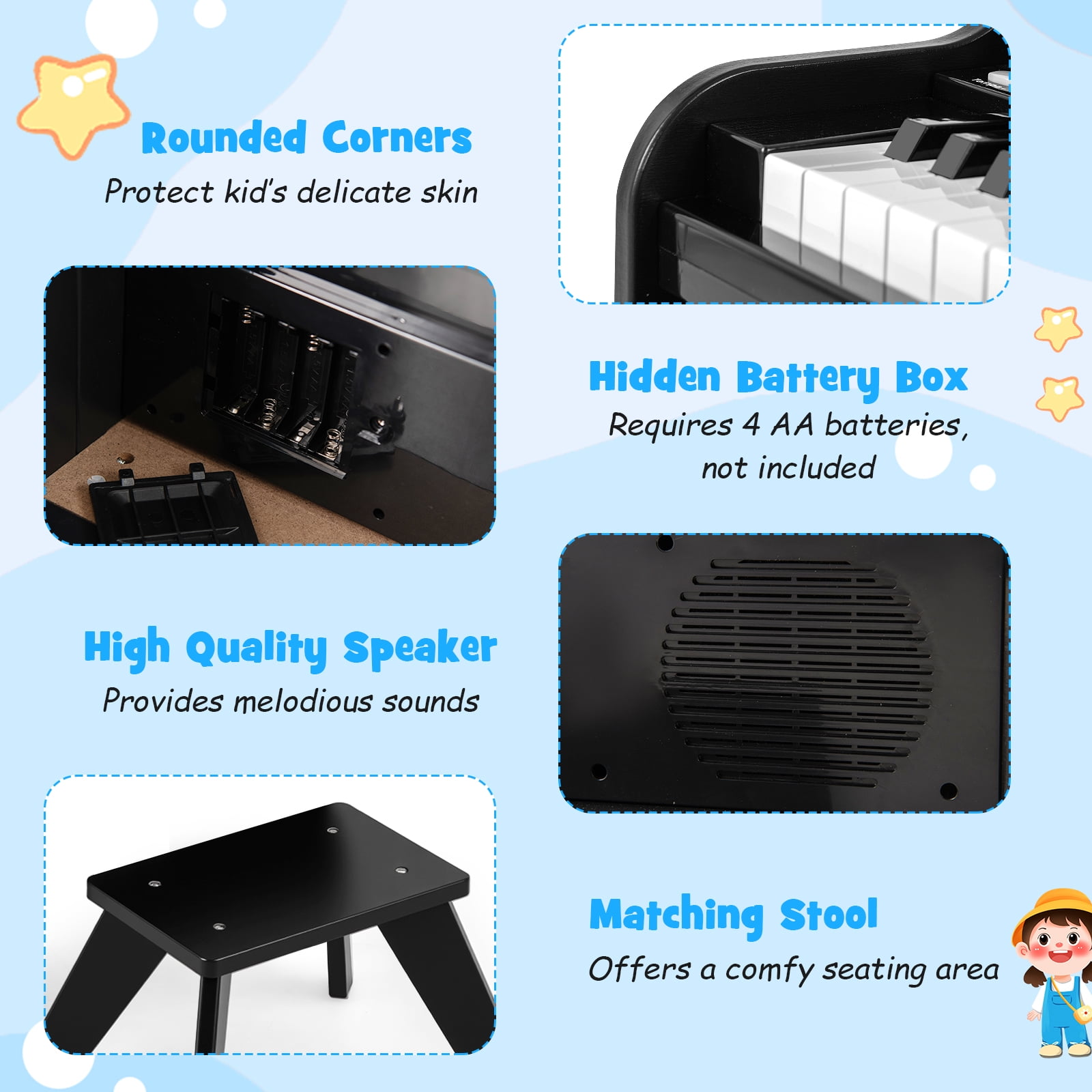 Patiojoy 25 Lighted Keys Kids Piano Keyboard with Stool Mini Digital Piano Wooden Toy Black
