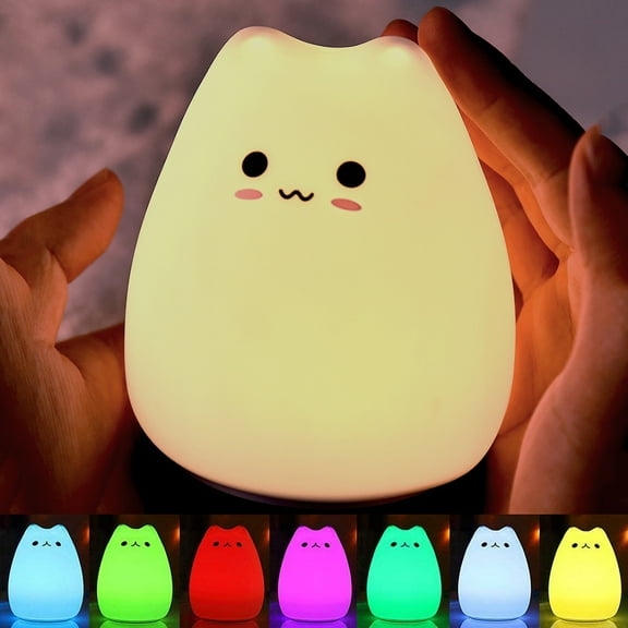 VONTER Portable Led Children's Cartoon Night Light Decompression Cute Cat Silicone Lamp Pats Touch Atmosphere Lights-Grinning cat,Warm White &7-Color Breathing Dual Light Modes （Blush style）