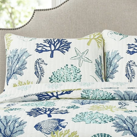 3pc King Costal Reef Quilt Set Navy Blue - Lush Décor
