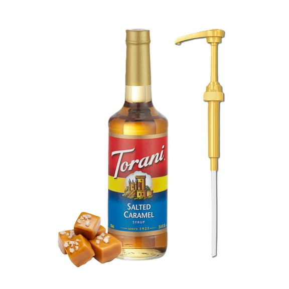 Torani Salted Caramel Flavouring Syrup, 25.4 fl oz (750ml) Glass Bottle with Absol Gold Pump