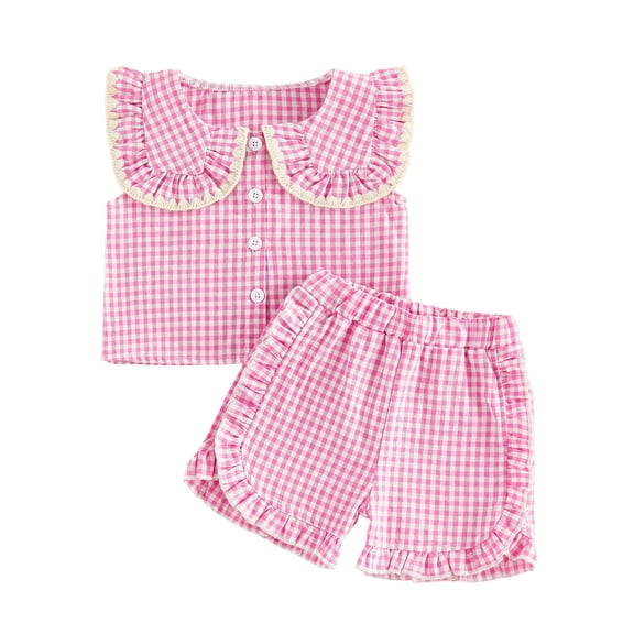 larppty Baby Girls Brown Gingham 2 Piece Pajamas, Ruffle Collar Sleeveless Top & Ruffle Shorts, Soft Cotton Toddler Loungewear(Pink, 3-4 Years)