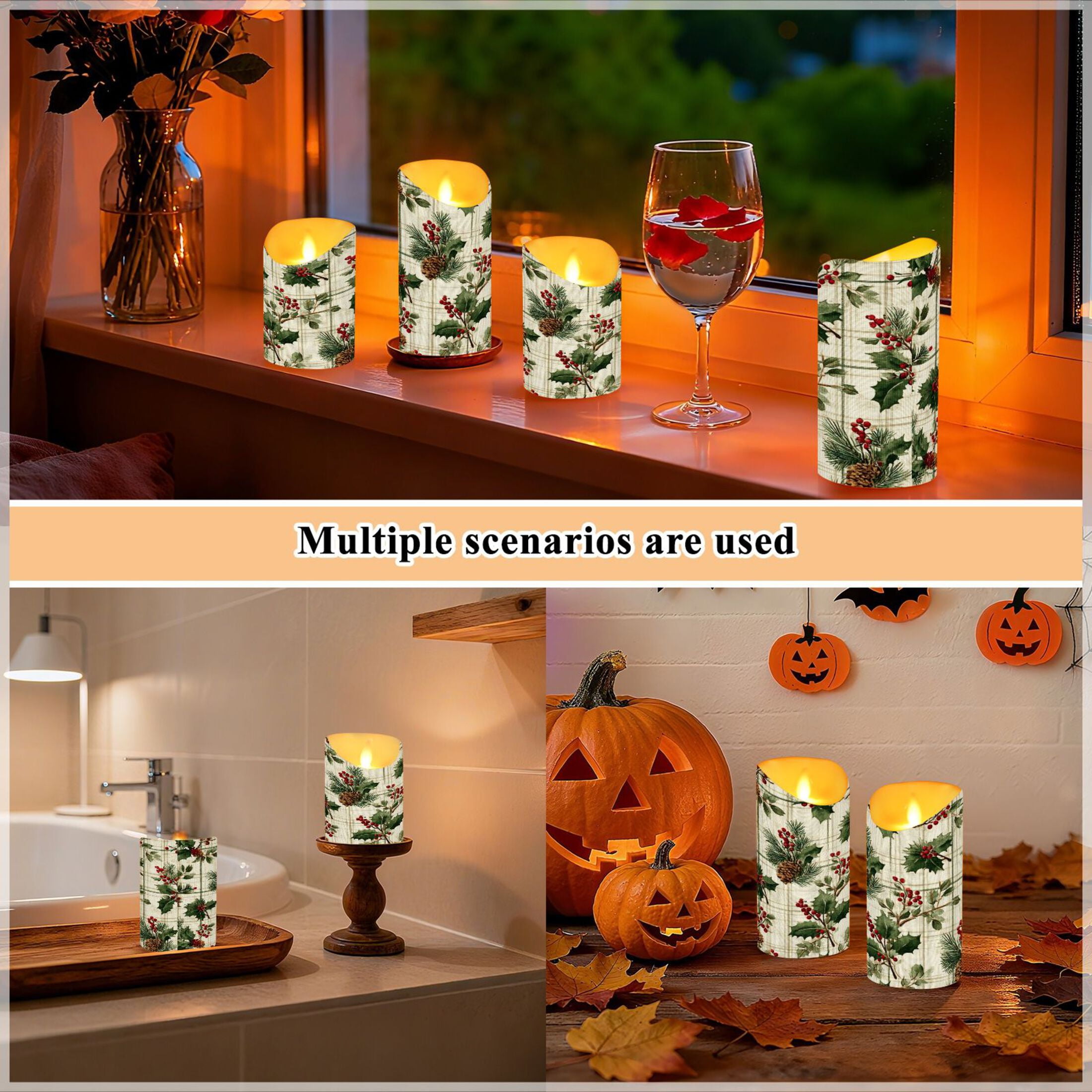 2 PCS Tilted Flameless Candles Flickering LED Lights Battery Operated Candles with Remote Timers for Holiday Decor Pine Boughs and Holly Pattern