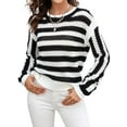 thumbnail image 3 of Xuanfei Women Striped Color Block Eyelet Cutout Ripped Crew Neck Long Sleeve Knit Sweater, 3 of 7