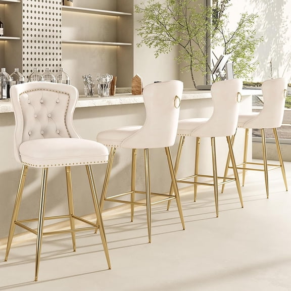 Farini Counter Height Stools Set of 4, Velvet Bar Stools with Metal Legs for Kitchen, Dining & Pubs, Beige (26")