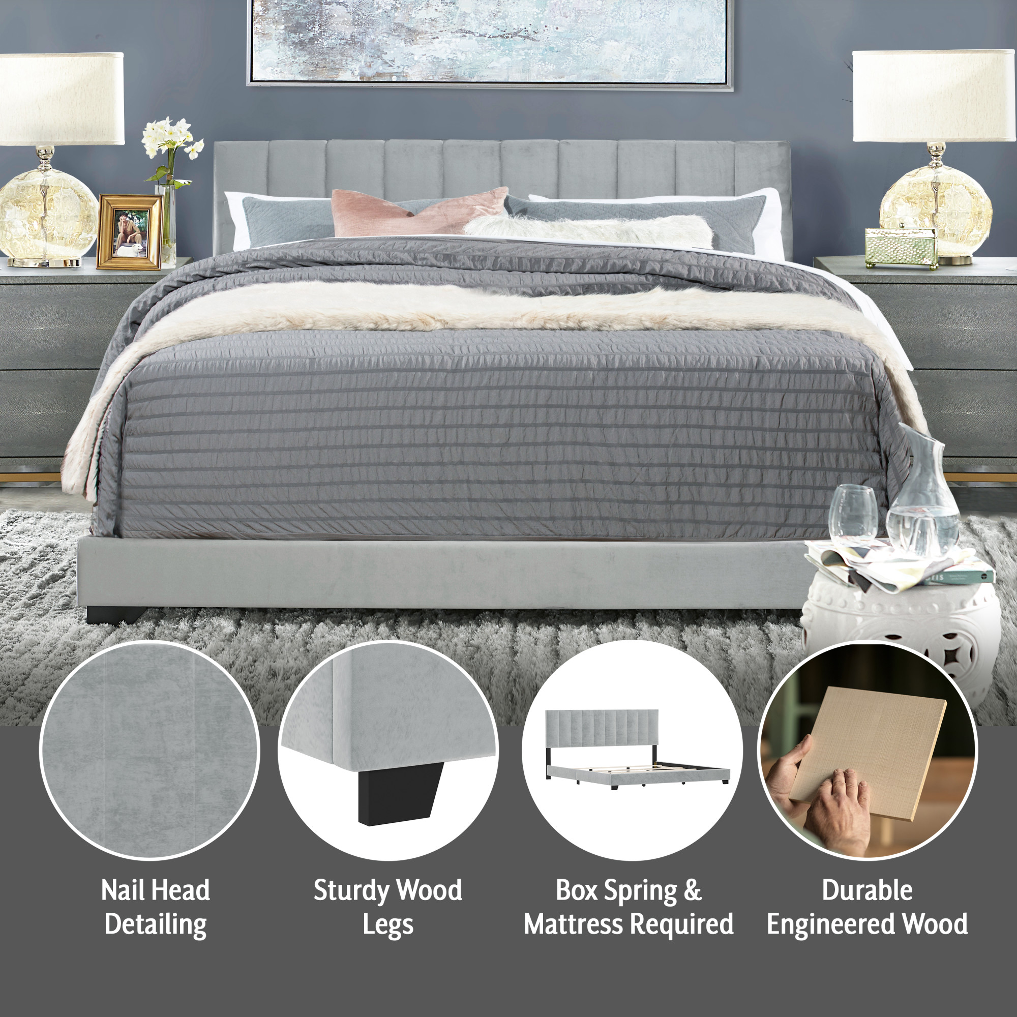 Reece Channel Stitched Upholstered King Bed, Platinum Grey, by Hillsdale Living Essentials - image 5 of 15