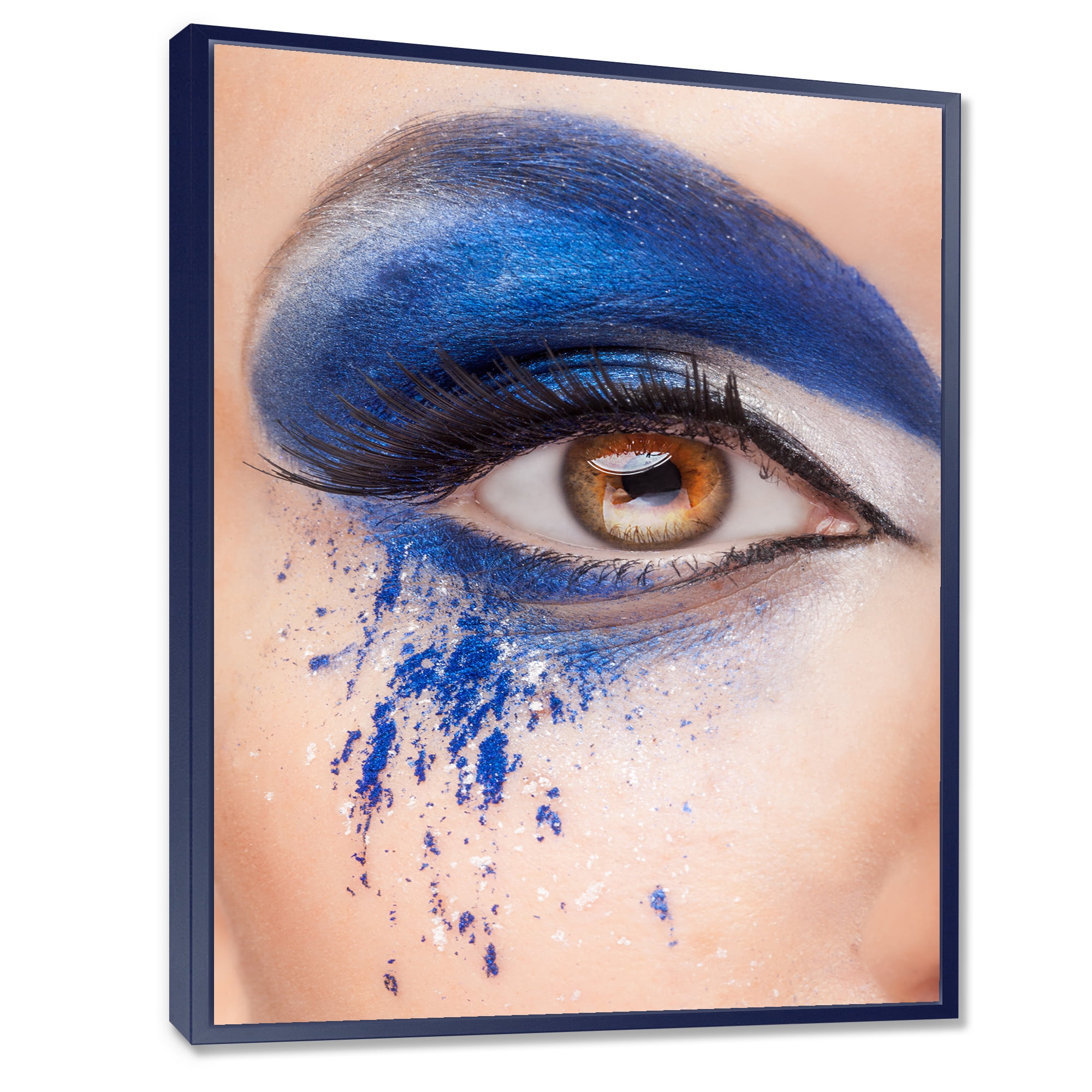 Designart 'Close Up Of Brown Eye With Blue Fantasy Make Up' Modern Framed Canvas Wall Art Print