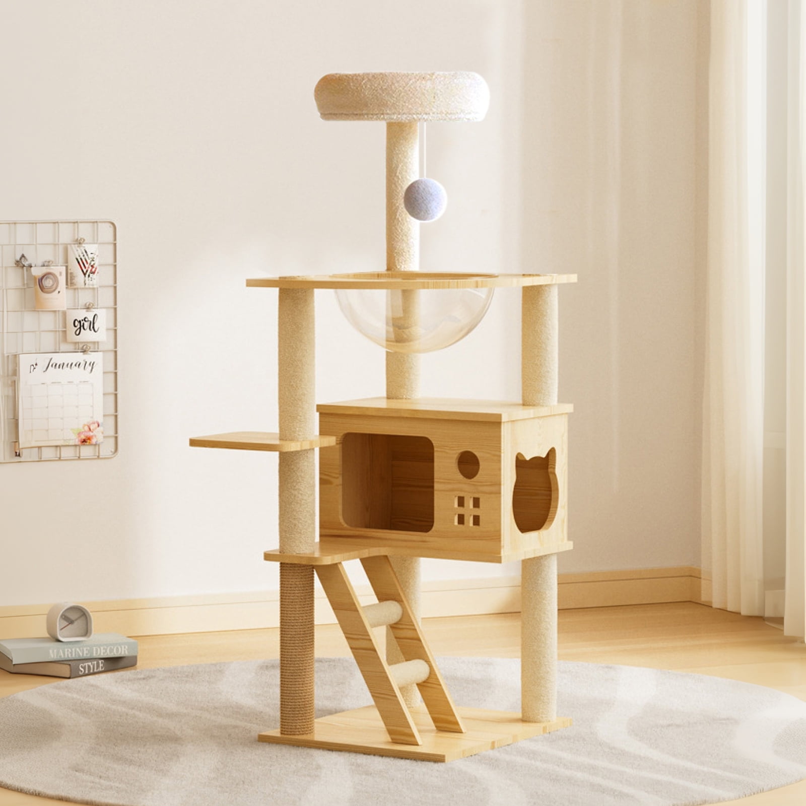 Cat Tree, 48.8 Inch Modern Cat Tower With Sisal-Covered Scratching Posts, Acrylic Hammock and Top Perch, Wood Cat Condo for Indoor Cats, Natural and White
