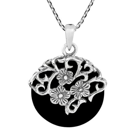 - Daisy Vines Adorned Black Onyx Circle Disc Sterling Silver Necklace