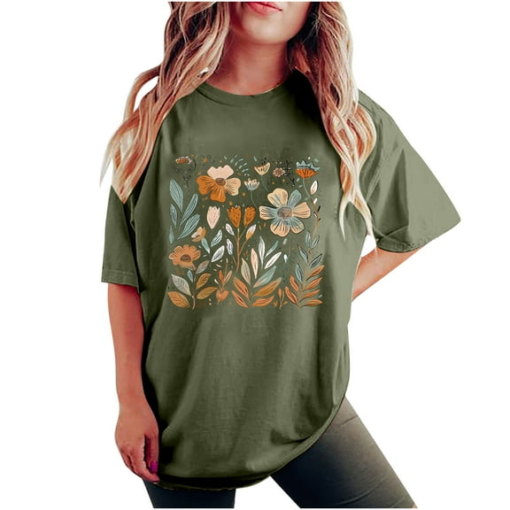 Raeneomay Oversized T Shirts for Women Fashion Summer Round Neck Drop Sleeves Leisure Short Sleeve Flower Printing Tops