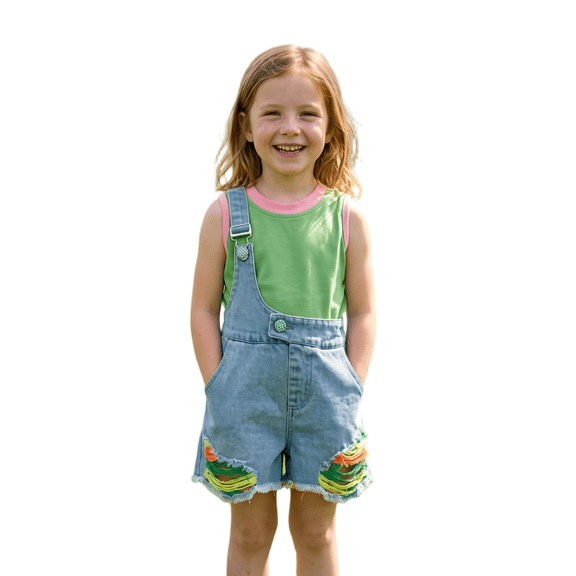 Coerni Little Girls Rainbow Distressed Denim Romper Shorts One Suspender Button Jean Overalls Summer Fashion Cute Jumpsuit for Kids