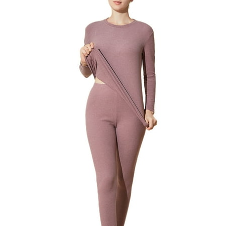 

Beiwei Men Pajamas Plain Thermal Underwear Crew Neck Fleece Pants Set Ladies Round Collar Sport 2Pcs Outfit Women Dark Pink M