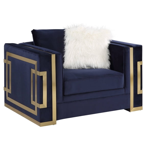 ACME Virrux Velvet Upholstery Chair with 2 Pillows in Blue and Gold