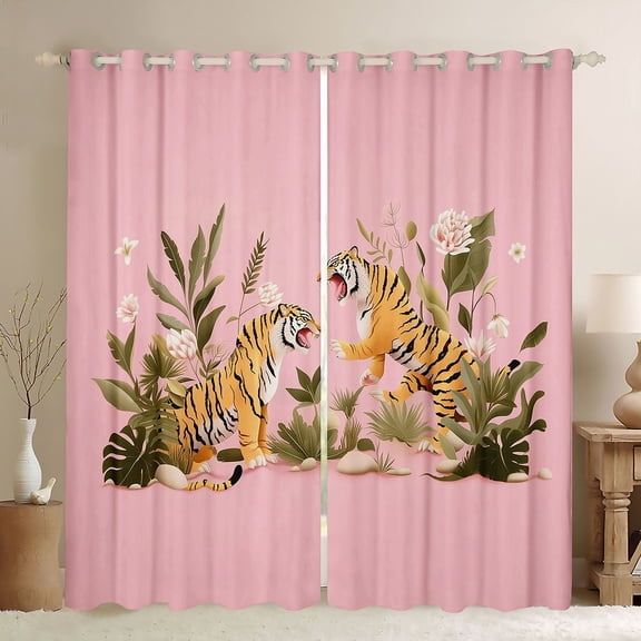 Feelyou Cartoon Tiger Wildlife Black Out Curtains, Palm Leaf Botanical Curtains Pack of 2 (42x63 Each), Teens Kids Boys Girls Bedroom Curtains, Window Curtains Home Decor