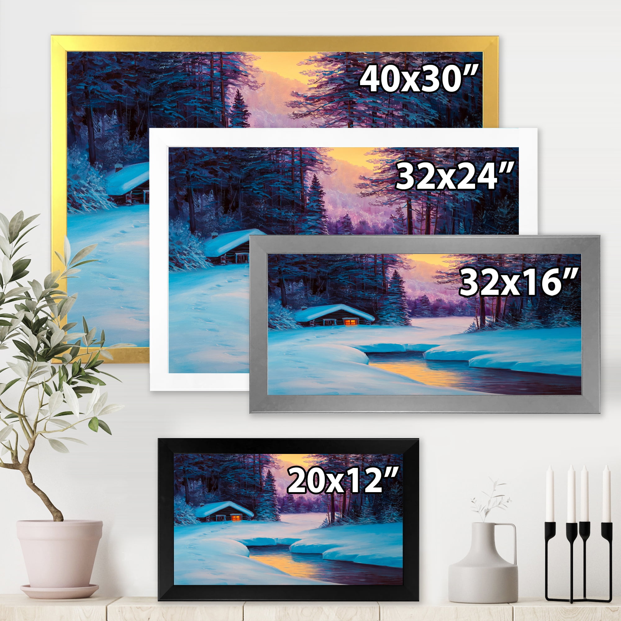 Designart 'Old Cabin In Winter Forest In Evening Glow II' Traditional Framed Art Print