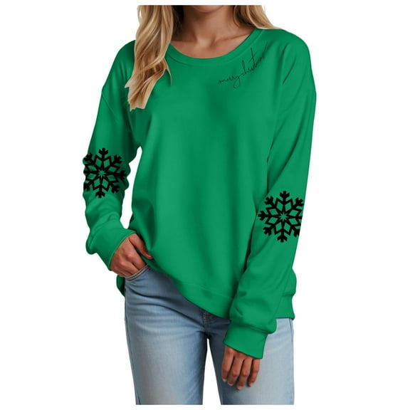 larppty Christmas Sweatshirt Women Christmas Xmas Snowflake Print Sweater Long Sleeve Shirts Holiday Pullover Tops （Green, S）