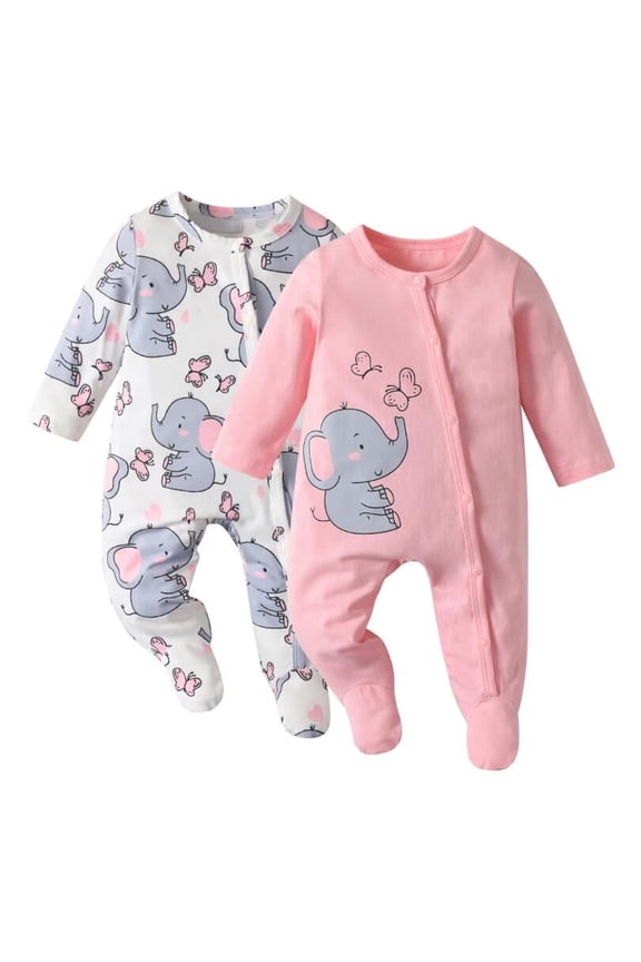 Newborn Baby Girl 2 Pack Long Sleeve Romper Clothes Cartoon Elephant Pattern Outfit Set Pink & White 0-3 Months