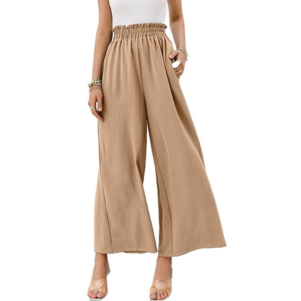 Pantalones palazzo informales de pierna ancha para mujer Pantalones de salón con fruncido de talle alto con bolsillos S-XXXL (caqui) Zhivalor BST3001552-6