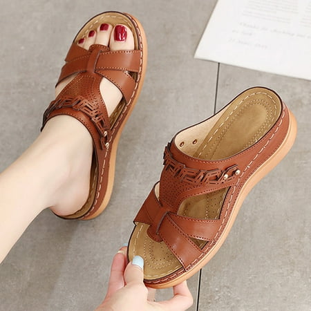 

NECHOLOGY Cork Wedge Sandals Women Tan Women Summer Solid Color Slip On Casual Open Toe Wedges Soft Comfy Sandals for Women House Coffee 8.5