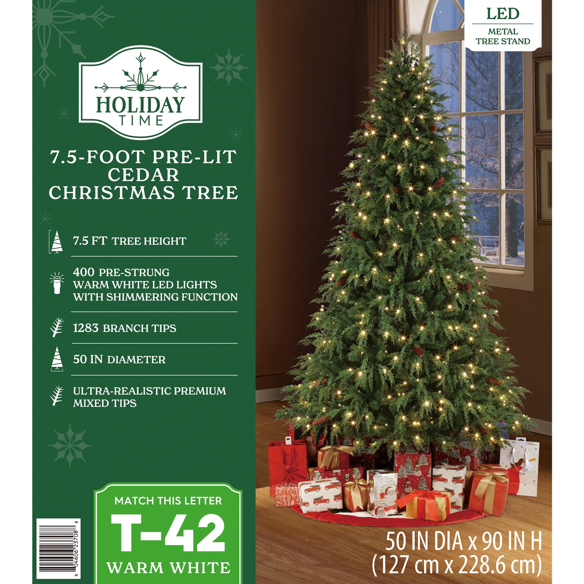 7.5' Pre-Lit Cedar Green Artificial Christmas Tree with 400 Warm White Twinkle LED Lights, by Holiday Time