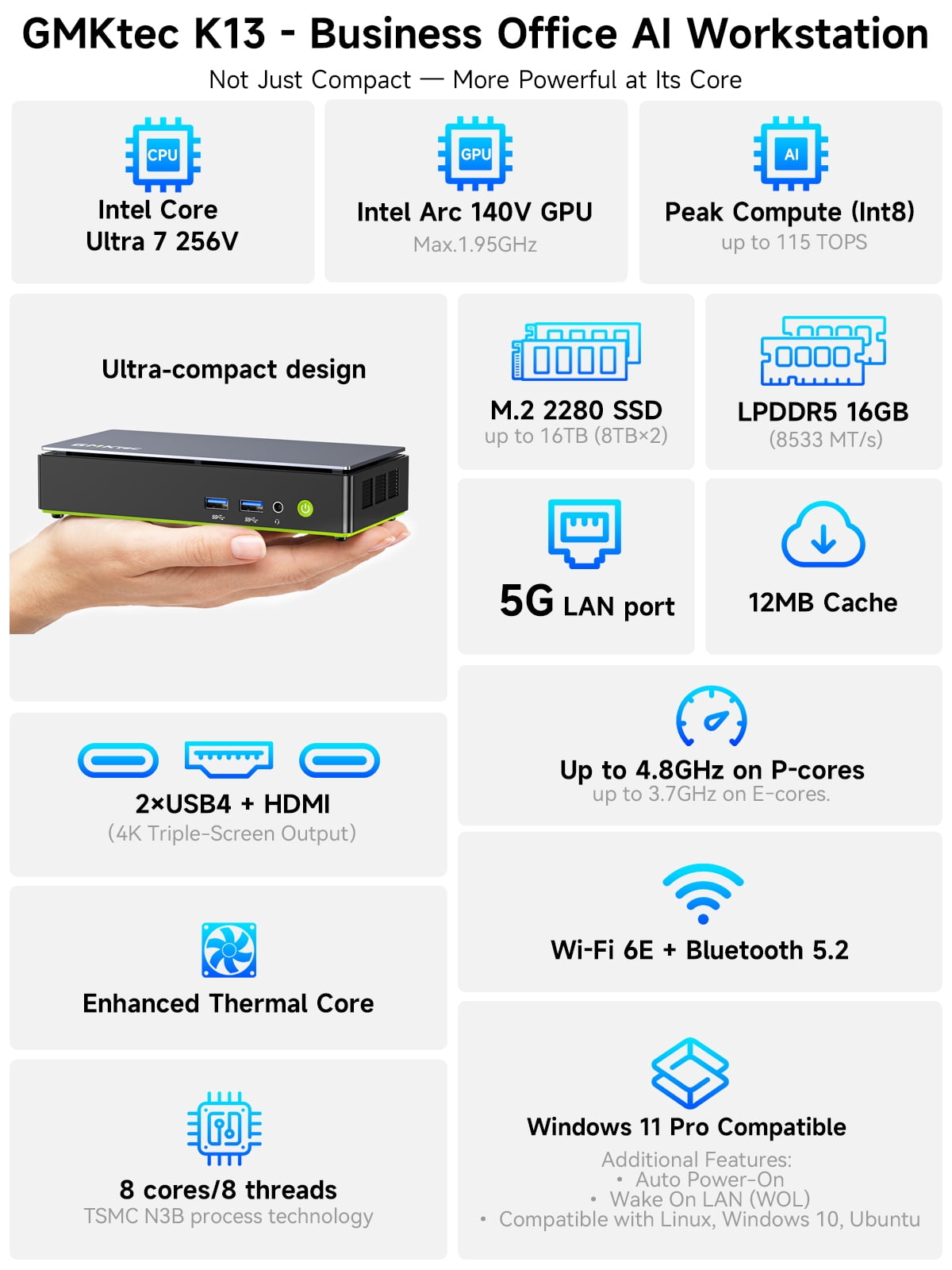 GMKtec NucBox K13 Mini PC Intel Core Ultra 7 256V, 16GB LPDDR5X, 1TB SSD, 5GbE LAN, Dual USB4, Mini Desktop Computer