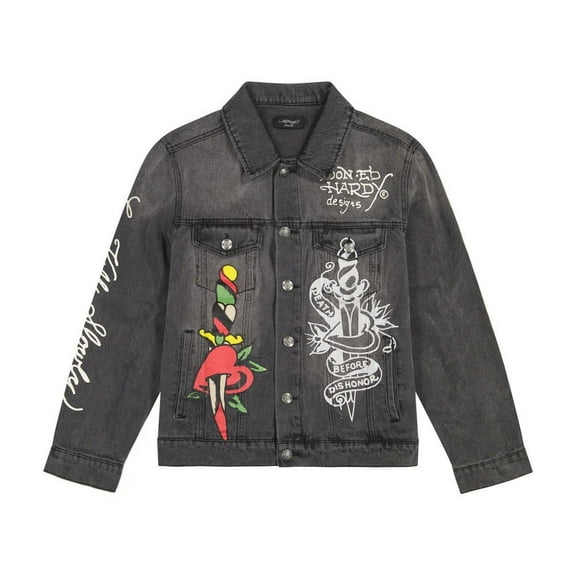 Ed hardy Unisex Heart Wings Denim Jacket - EHUO7104-4 (Dark Grey, S)