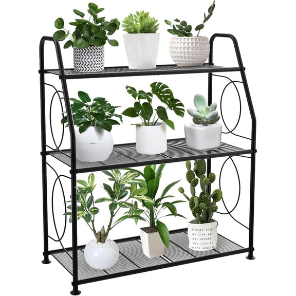 Plant Stand, 3 Tier Plant Shelf for Indoor Outdoor, Heavy Duty Metal Outdoor Plant Stand Holder Rack for Living Room Balcony and Garden, Black
