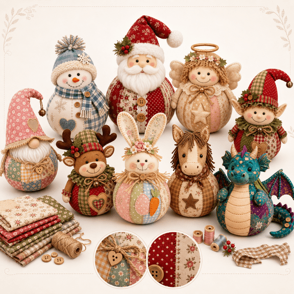Patchwork Fabric Doll DIY Kit, Christmas Fabric Doll Sewing Kit for Adults, Handmade Patchwork Plush Craft Set with Thread, Stuffing and Decorative Accessories