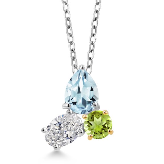 925 Silver and 10K Yellow Gold Aquamarine and Lab Grown Diamond and Peridot 3 Stone Pendant Necklace for Women | 2.15 Cttw | Pear Shape 8X6MM | Oval 7X5MM | Round 5MM | with 18 inch Chain