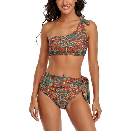 Bohemian Style One Shoulder Bowknot Swimsuit Two Piece Swimsuit Knot Crop Top Bikini High Waisted Bathing Suit