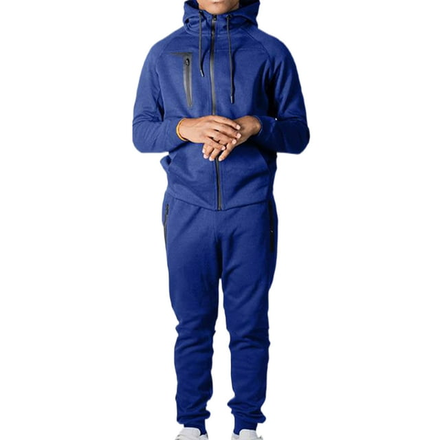 Avamo Men Sweatshirts+Pant Outfits Two Pieces Hoodies Sweatsuit Zipper Jogger Sets Casual Tracksuit Set Workout Blue L
