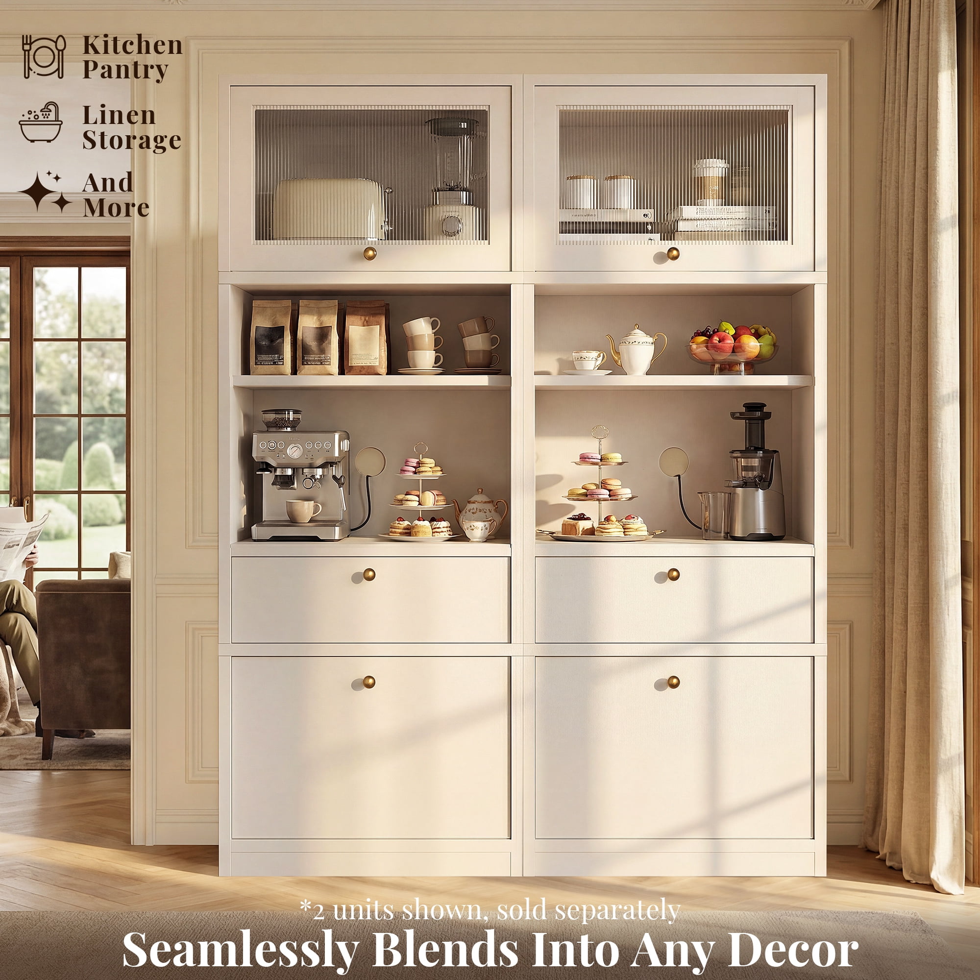 OMCHOM 71" Storage Cabinet - Kitchen Pantry Cabinet with Adjustable Shelves,Drawer,Open Compartments for Bathroom,Living Room,Kitchen - White